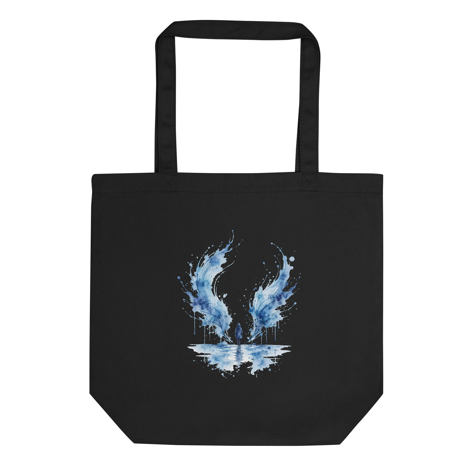 Black Tote Bag with Abstract Blue Watercolor Splash Art