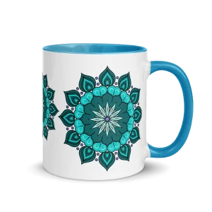 White Ceramic Mug with Teal Mandala Design and Blue Handle