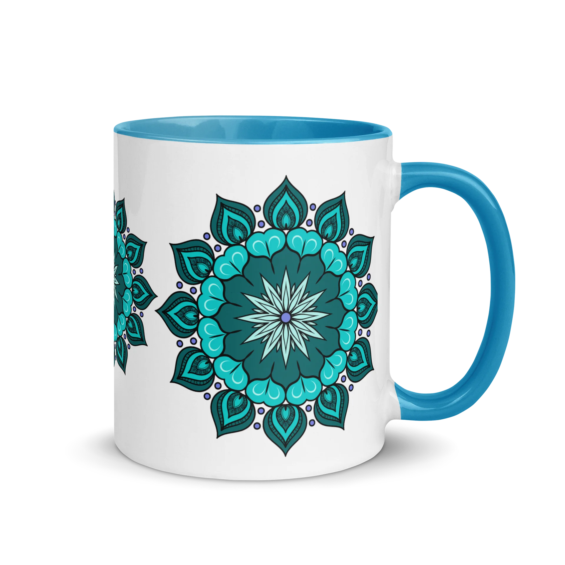 White Ceramic Mug with Teal Mandala Design and Blue Handle