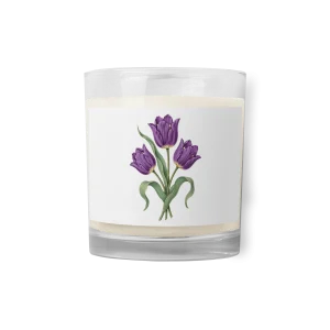 White Candle in Glass Jar with Elegant Purple Tulip Design