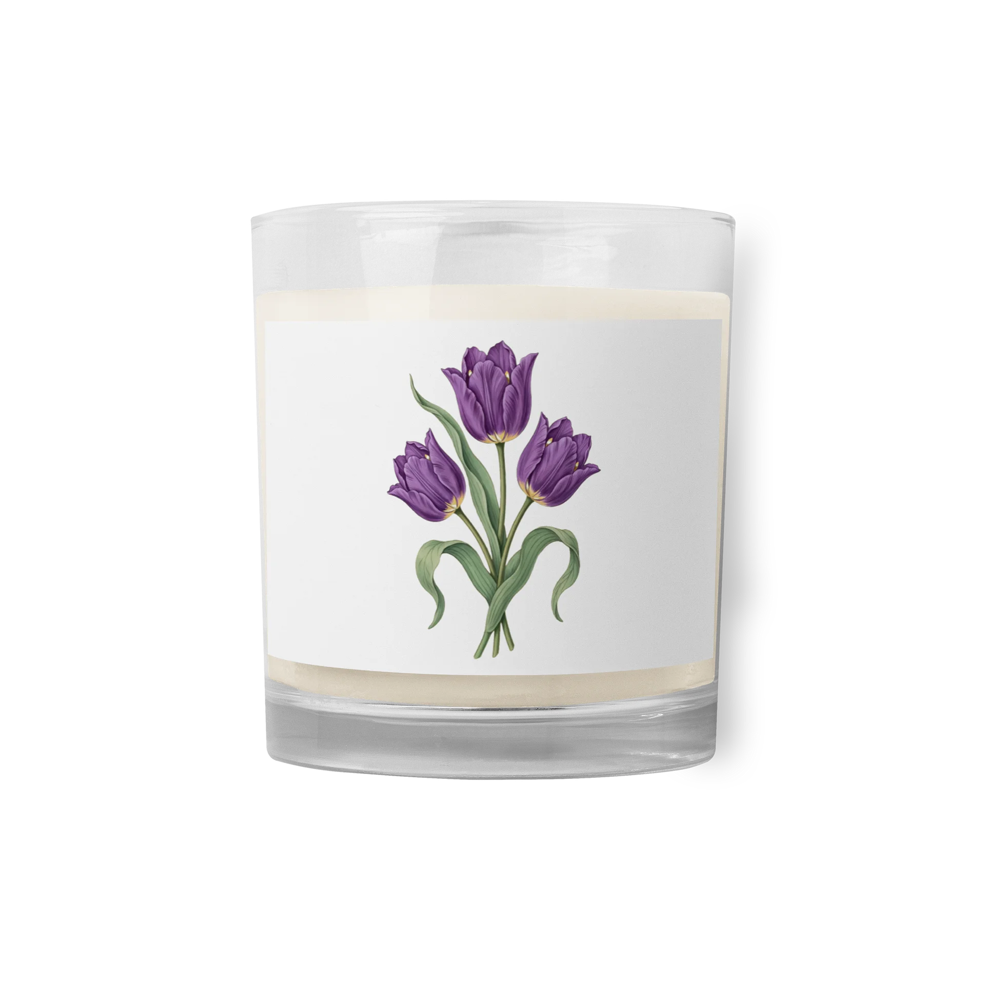 White Candle in Glass Jar with Elegant Purple Tulip Design