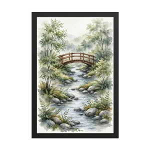 Watercolor Landscape Framed Poster with Wooden Bridge and Stream