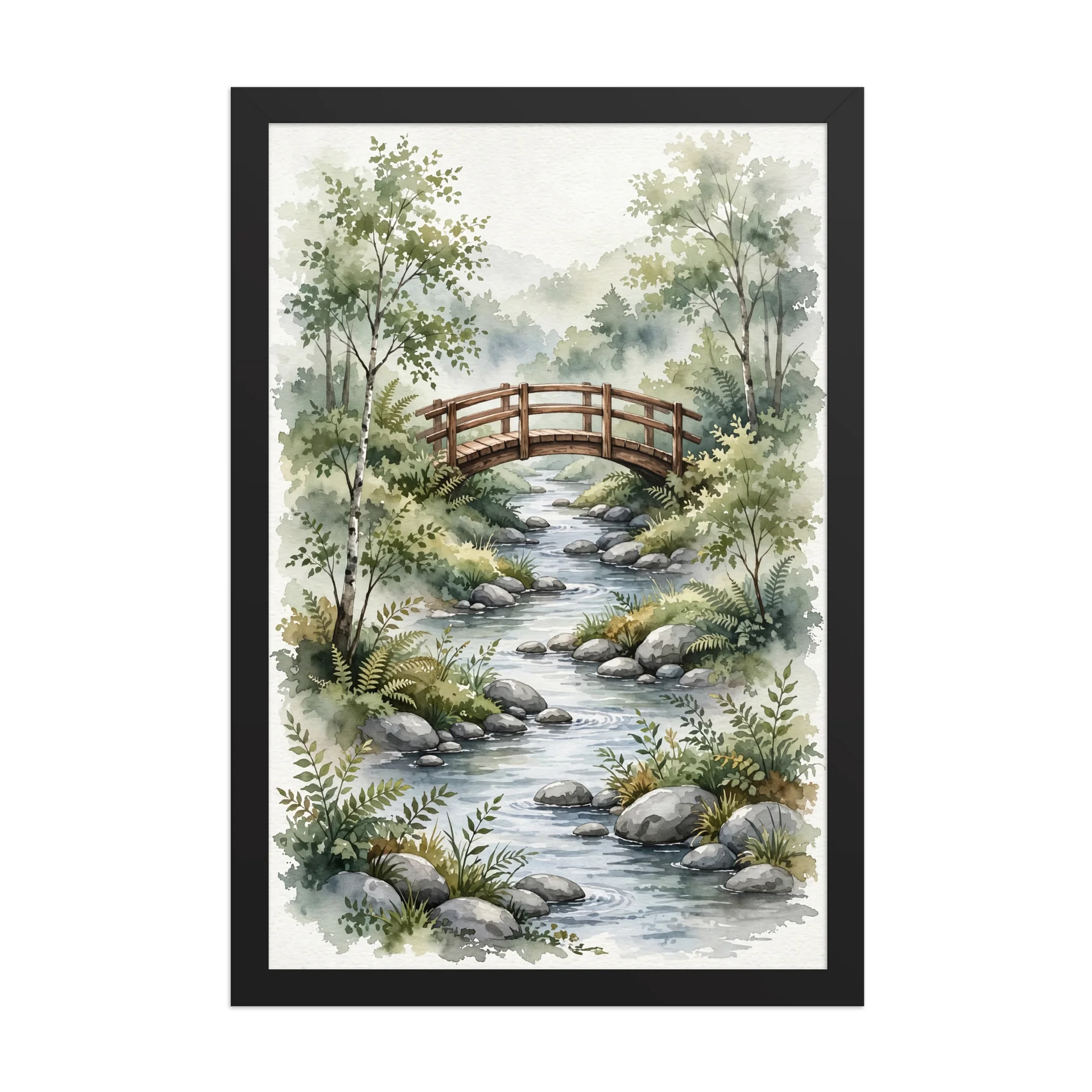 Watercolor Landscape Framed Poster with Wooden Bridge and Stream