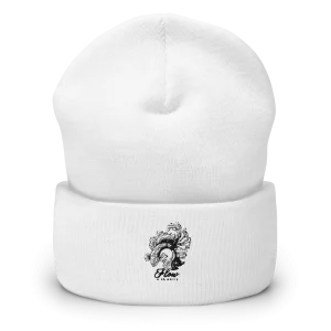 White Cuffed Beanie with Elegant Black Rooster Graphic