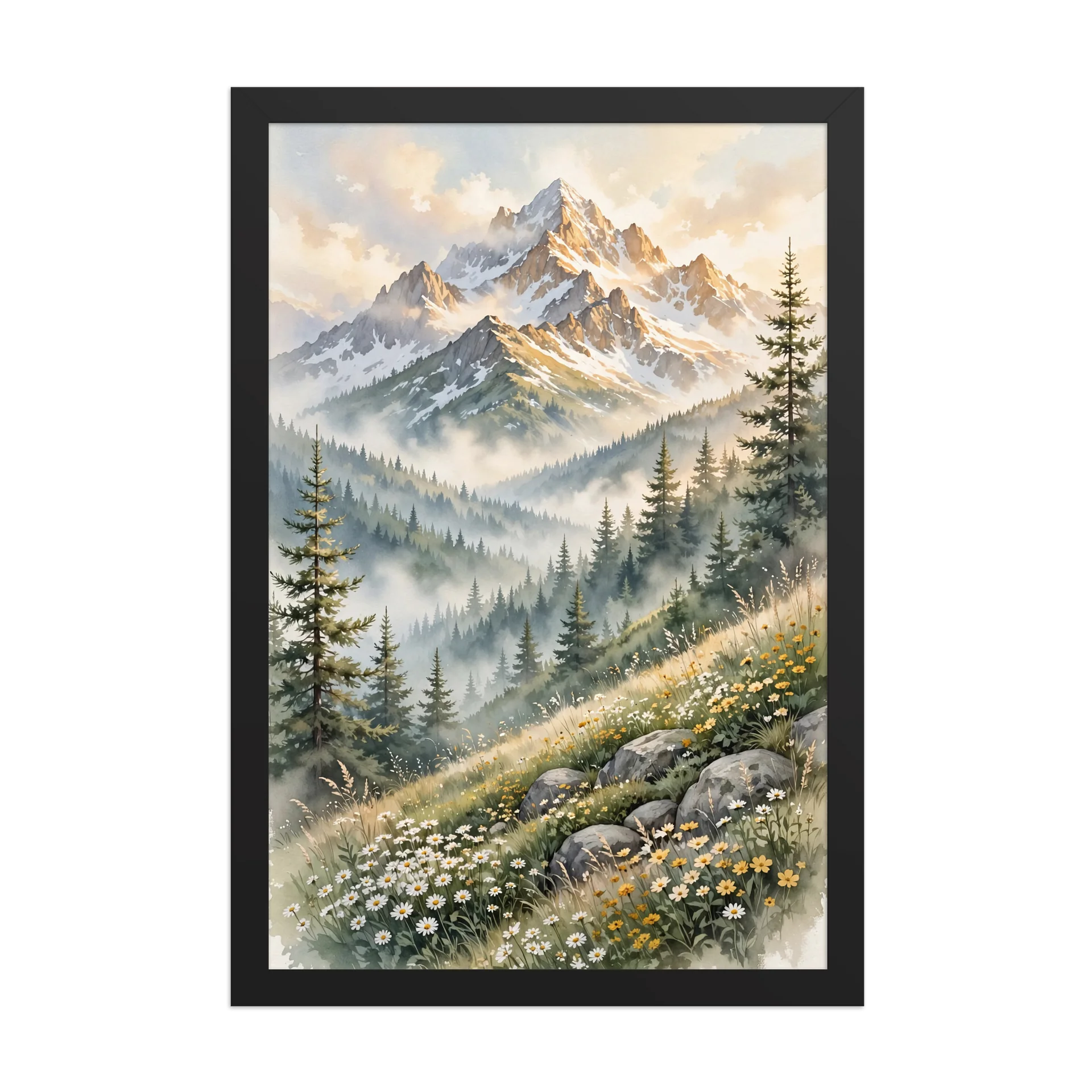 Large Framed Wall Art, Watercolor Mountain and Pine Trees, 24x36 Print