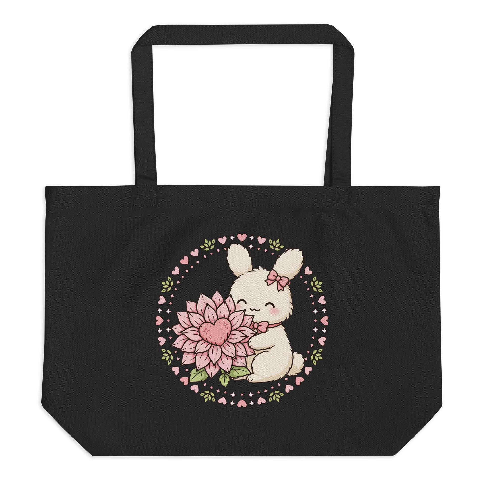 Black Tote Bag with Cute Rabbit and Pink Flower Graphic