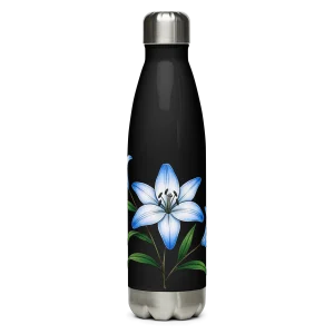 Black Insulated Water Bottle with Elegant Blue Lily Floral Design