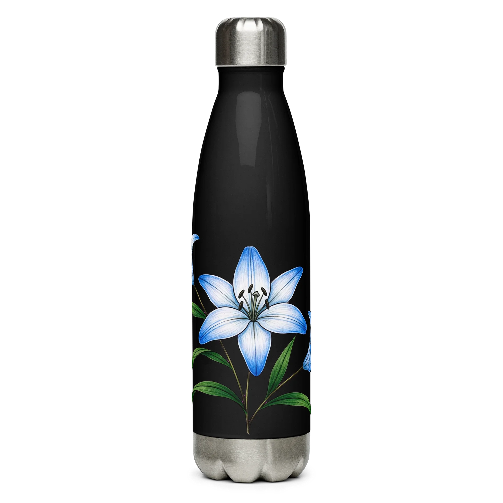 Black Insulated Water Bottle with Elegant Blue Lily Floral Design