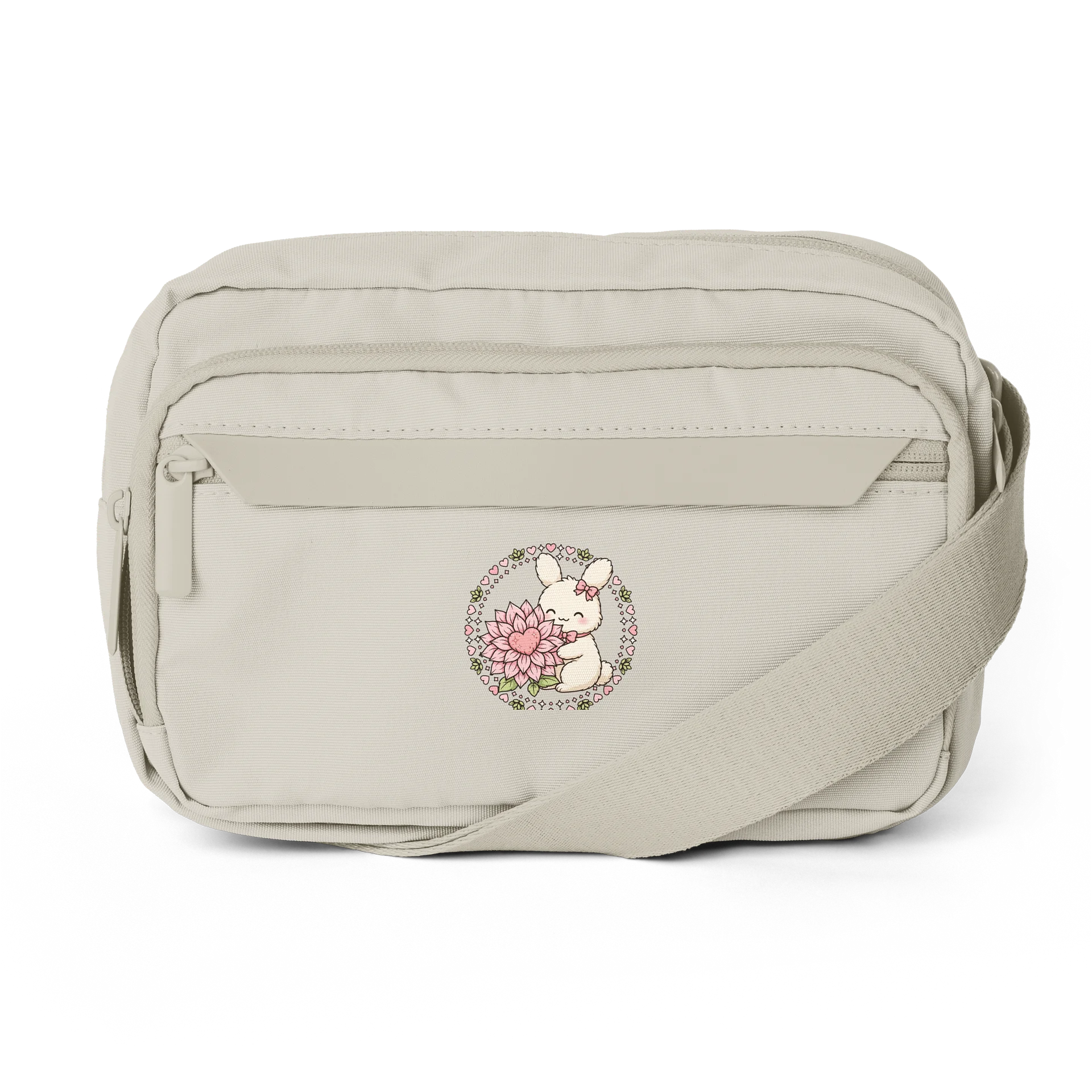 Beige Crossbody Bag with Rabbit and Lotus Flower Design
