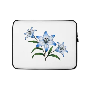 White Laptop Sleeve with Elegant Blue Lily Floral Design