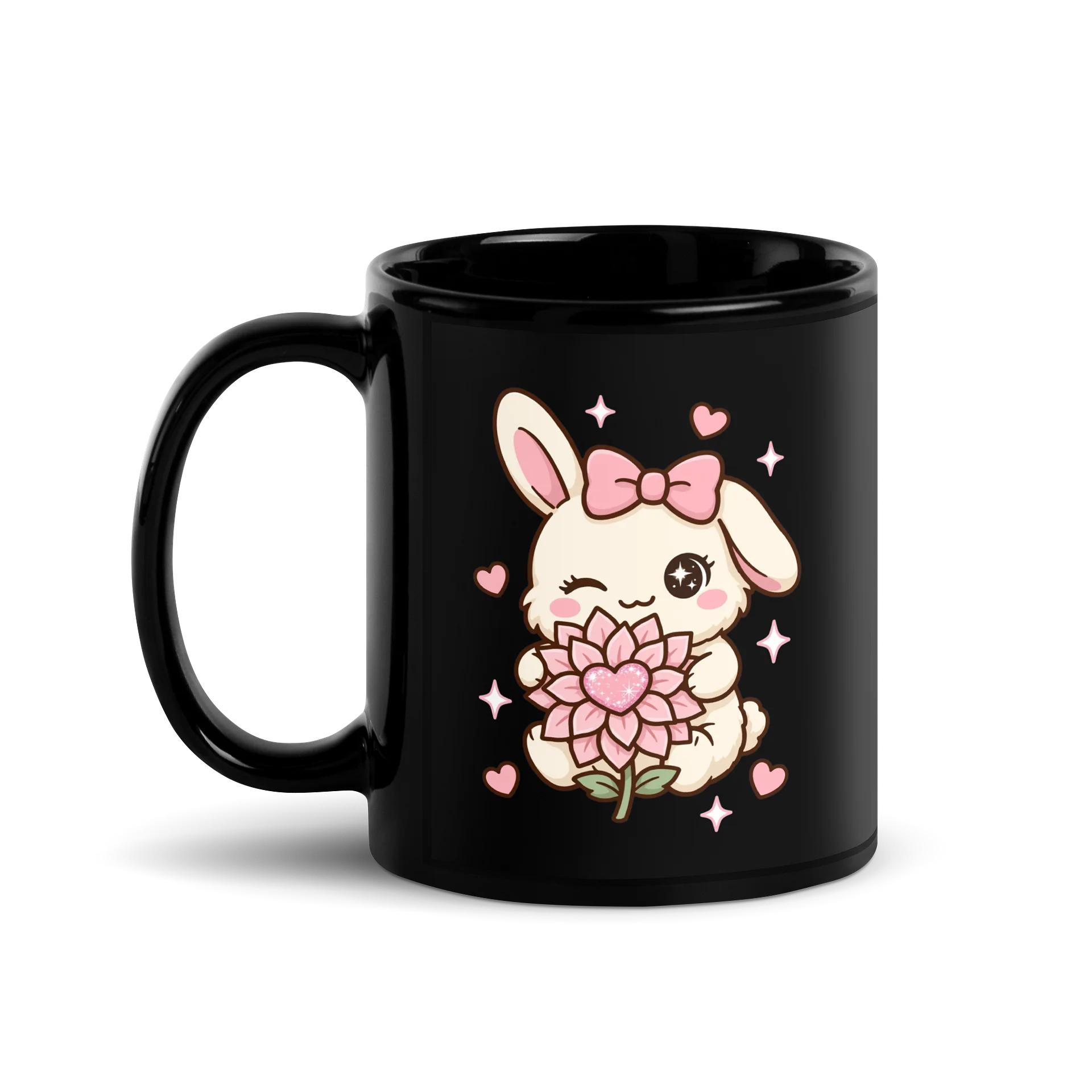 Black Ceramic Mug with Cute Bunny and Pink Flower Graphic