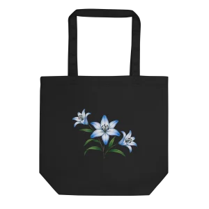 Black Tote Bag with Elegant Blue Lily Floral Design